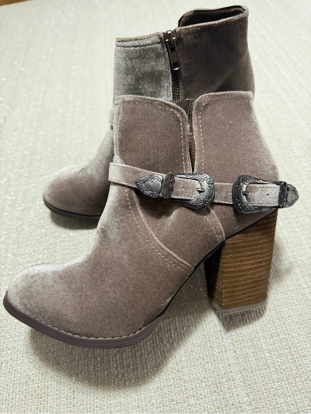 Not Rated Grey/Taupe Velvet Ankle Boots with Western Buckle Detail